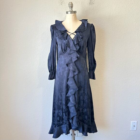 TEMPERLEY LONDON Dress Navy Blue Floral Jacquard Ruffled Midi Party - Picture 1 of 15